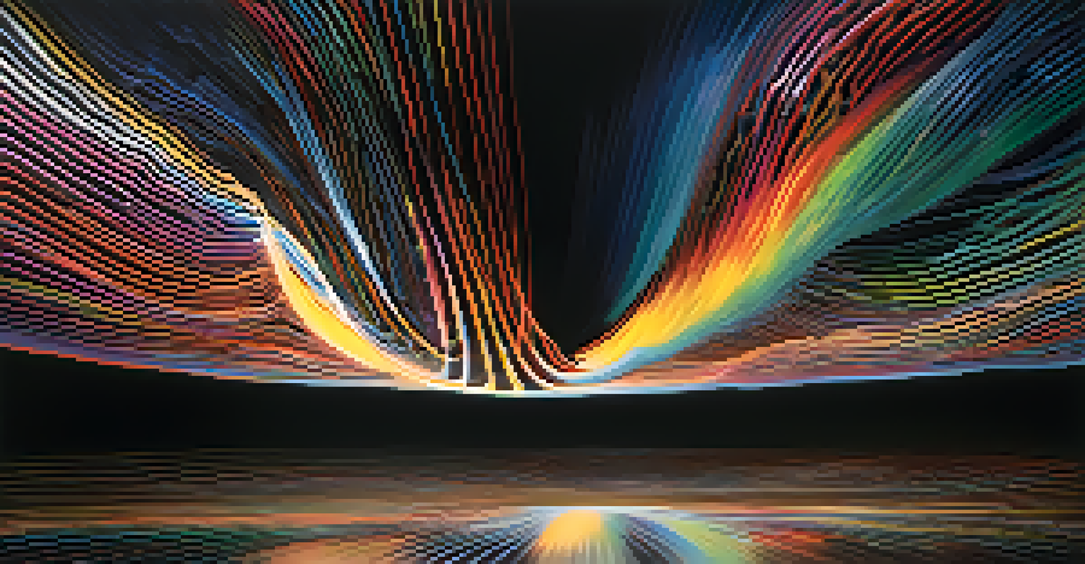 An abstract depiction of colorful sound waves interacting with light in a dark environment.