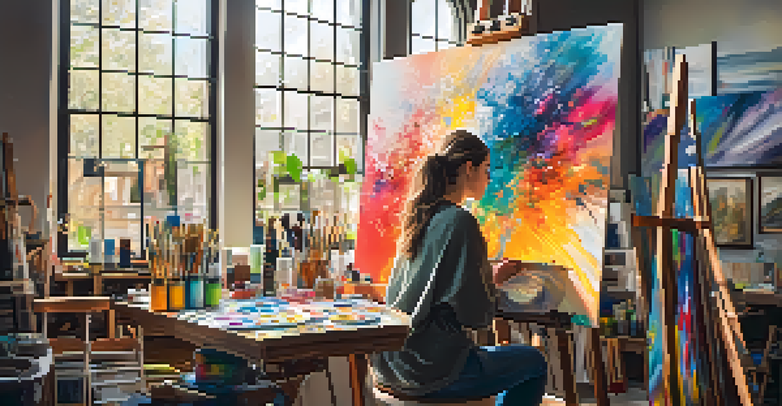A student in an art studio, working on an abstract painting with colorful supplies and natural light coming through the windows.