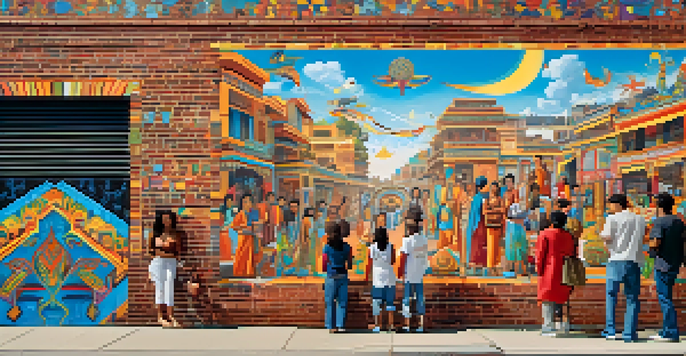 A colorful street art mural featuring diverse cultural motifs on a brick wall, with people admiring it under a clear sky.