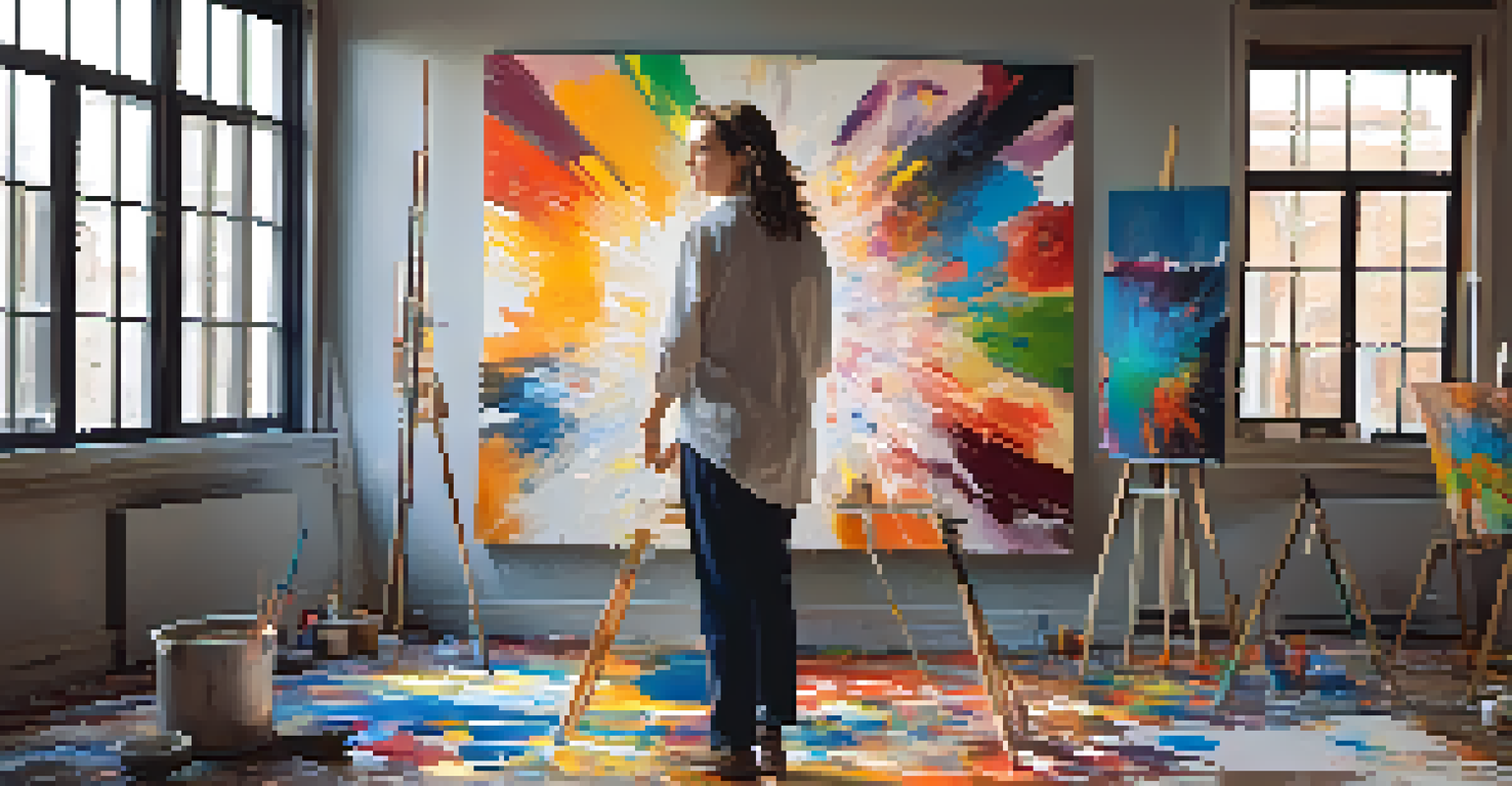 An artist working in a bright studio filled with paint splatters, focusing on an abstract canvas that symbolizes social change.