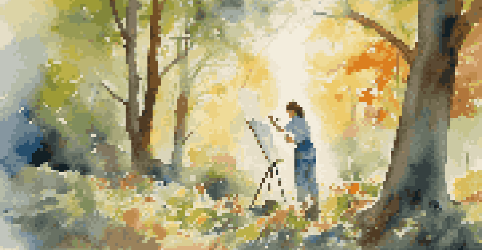 An artist painting a vibrant canvas outdoors, surrounded by trees, with sunlight filtering through.