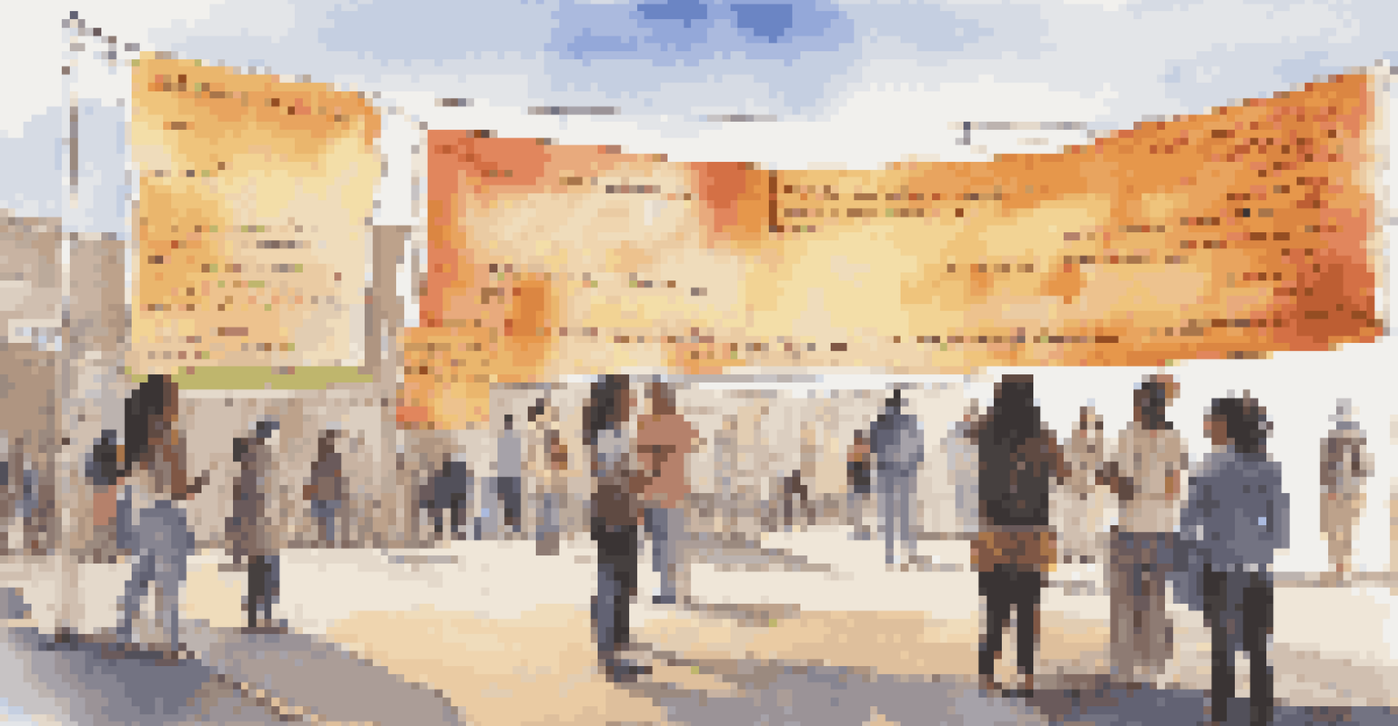 An outdoor art exhibition with banners and installations focused on gender-based violence awareness, with people exploring the artworks.