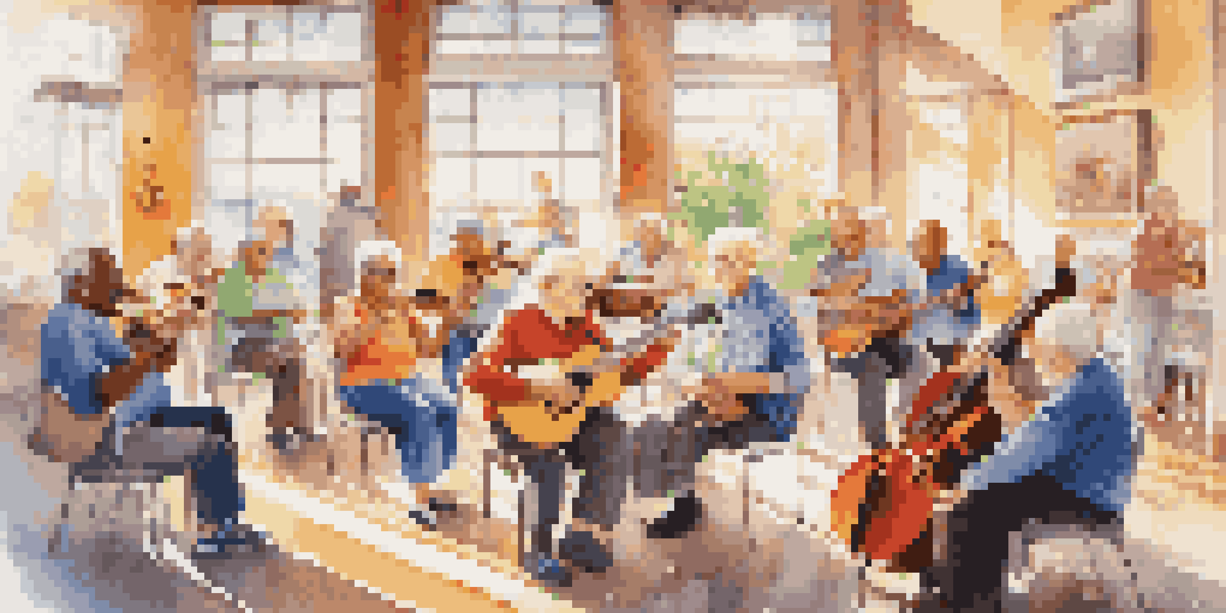 A diverse group of happy seniors in a community center playing musical instruments together, with sunlight streaming in and colorful decorations around.
