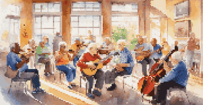 A diverse group of happy seniors in a community center playing musical instruments together, with sunlight streaming in and colorful decorations around.