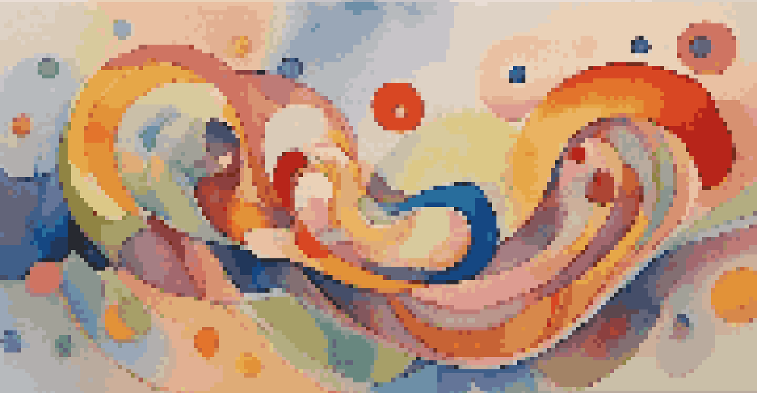 A whimsical abstract artwork with distorted shapes and vibrant colors, set against a pastel background.