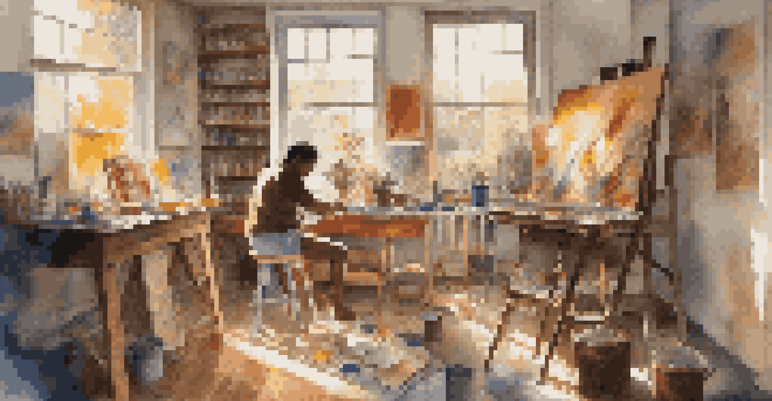 An artist of color working in a colorful studio filled with canvases and sunlight streaming through a window.
