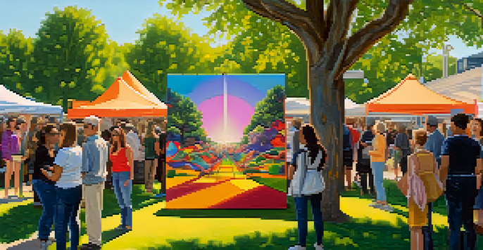 An outdoor art exhibition with diverse artists and colorful installations, surrounded by greenery and people enjoying the art.