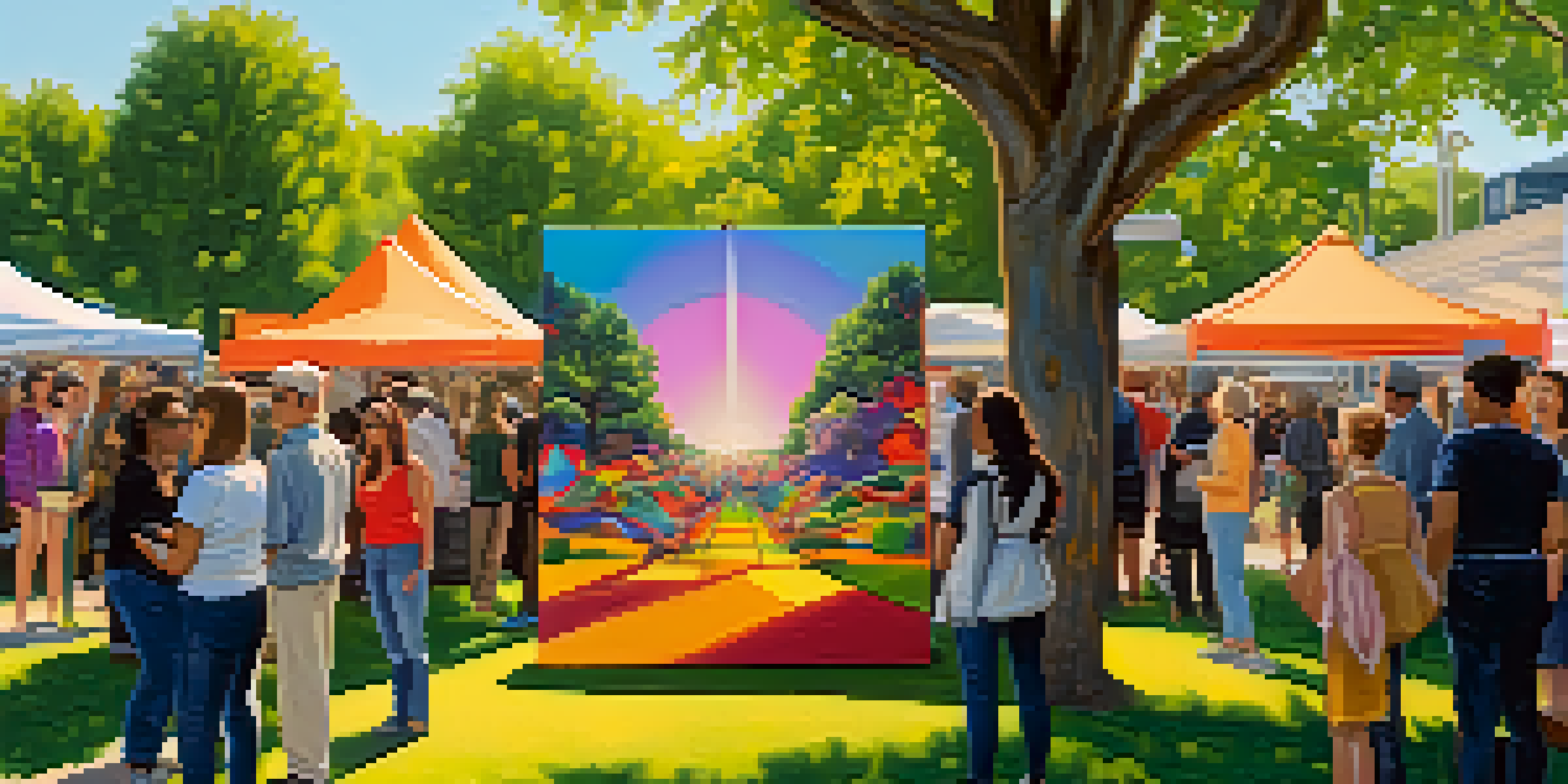 An outdoor art exhibition with diverse artists and colorful installations, surrounded by greenery and people enjoying the art.