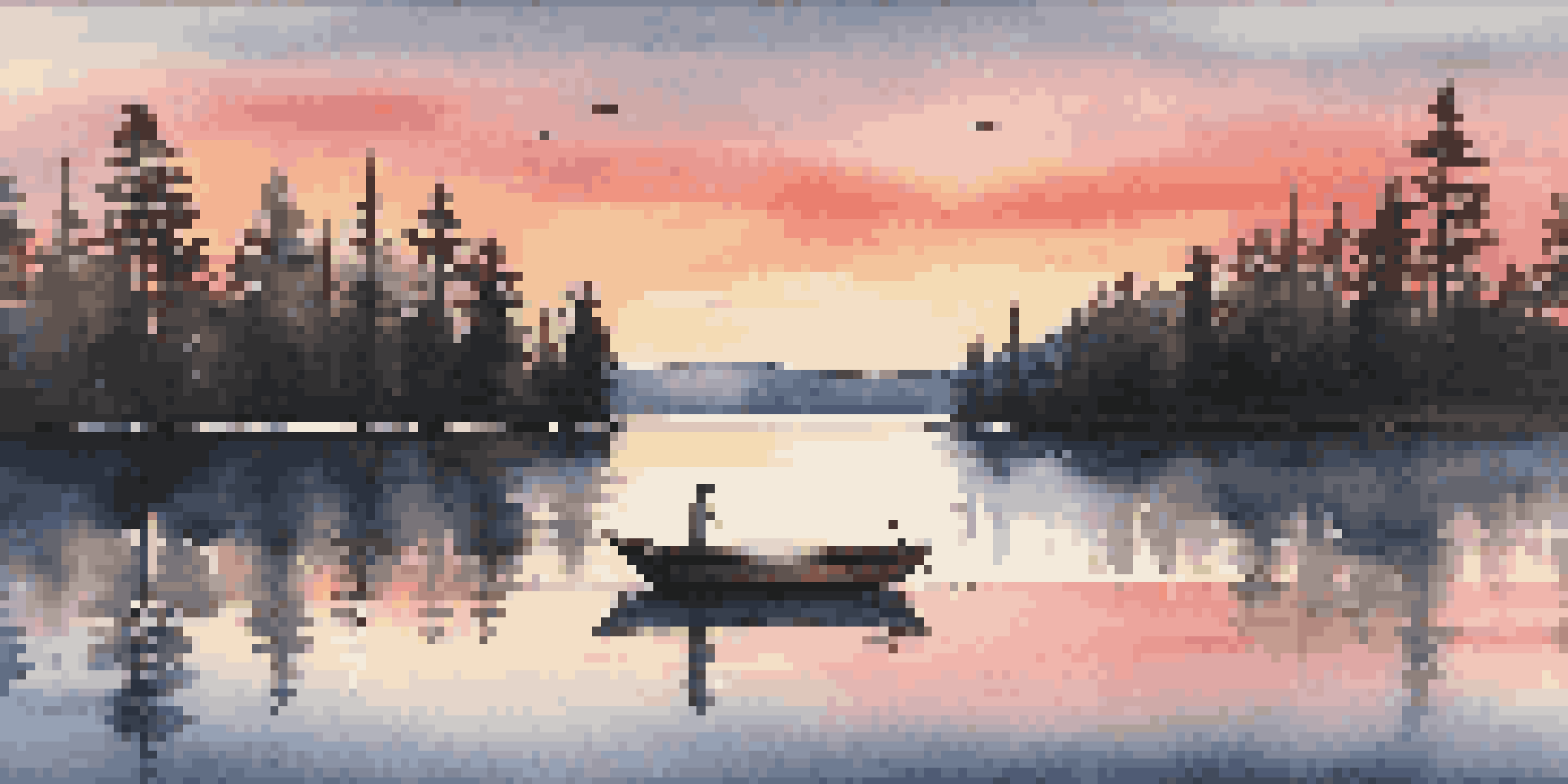 A beautiful sunset over a calm lake with colorful reflections and a silhouette of a boat.
