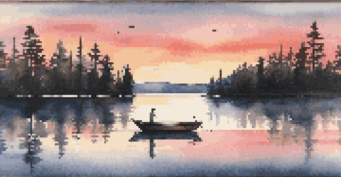 A beautiful sunset over a calm lake with colorful reflections and a silhouette of a boat.