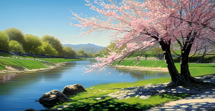 A peaceful scene featuring a cherry blossom tree with pink flowers by a flowing river under a blue sky, with sunlight creating shadows on the ground.