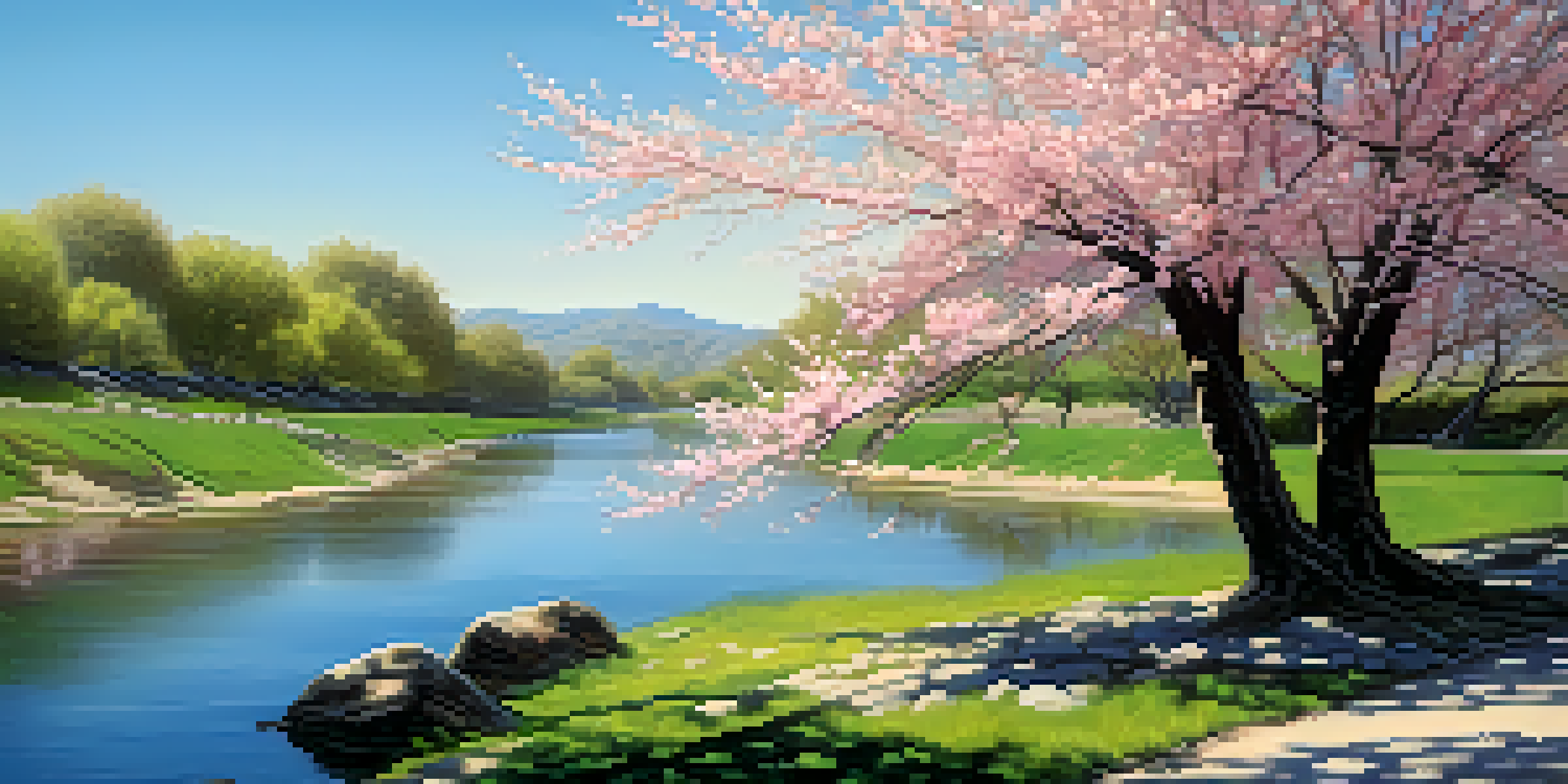 A peaceful scene featuring a cherry blossom tree with pink flowers by a flowing river under a blue sky, with sunlight creating shadows on the ground.