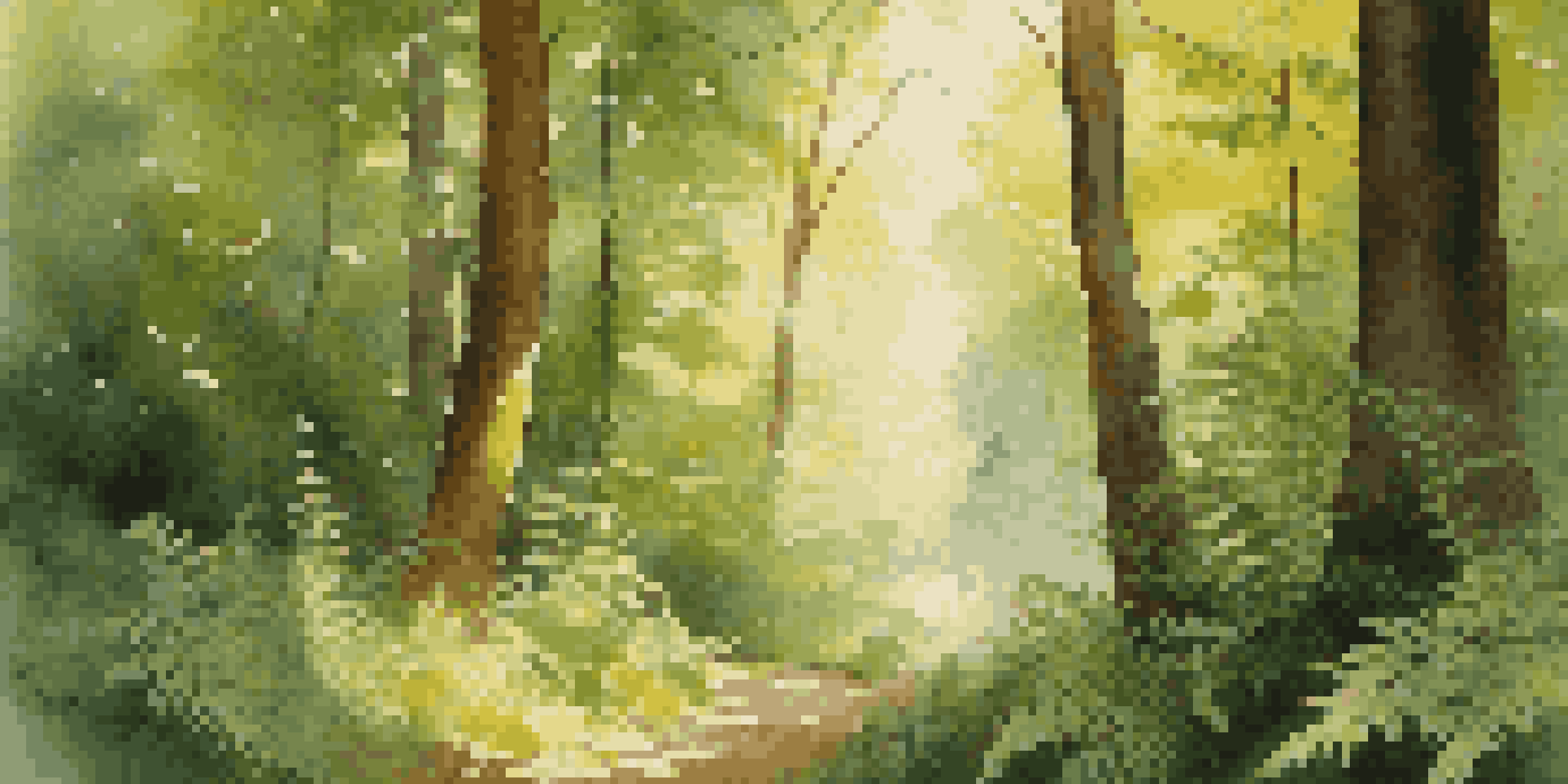 A peaceful forest scene with sunlight filtering through leaves and lush green ferns in the foreground.