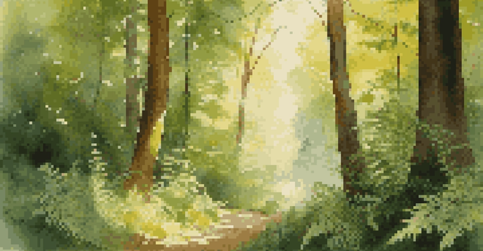 A peaceful forest scene with sunlight filtering through leaves and lush green ferns in the foreground.