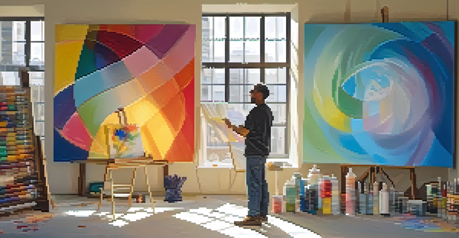 An artist in a sunlit studio painting an abstract canvas filled with colors, surrounded by art supplies.