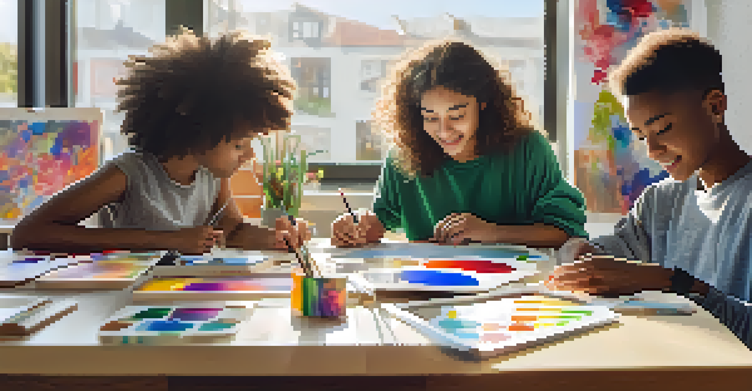 Diverse young artists collaborating in a creative workshop, using tablets for art education in a brightly lit room.