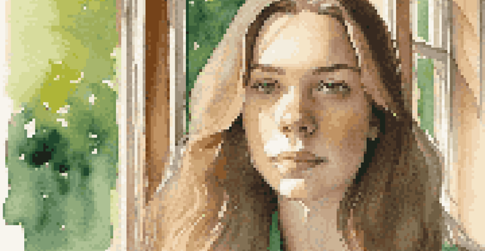 A young woman standing by a window with natural light illuminating her face, surrounded by greenery.