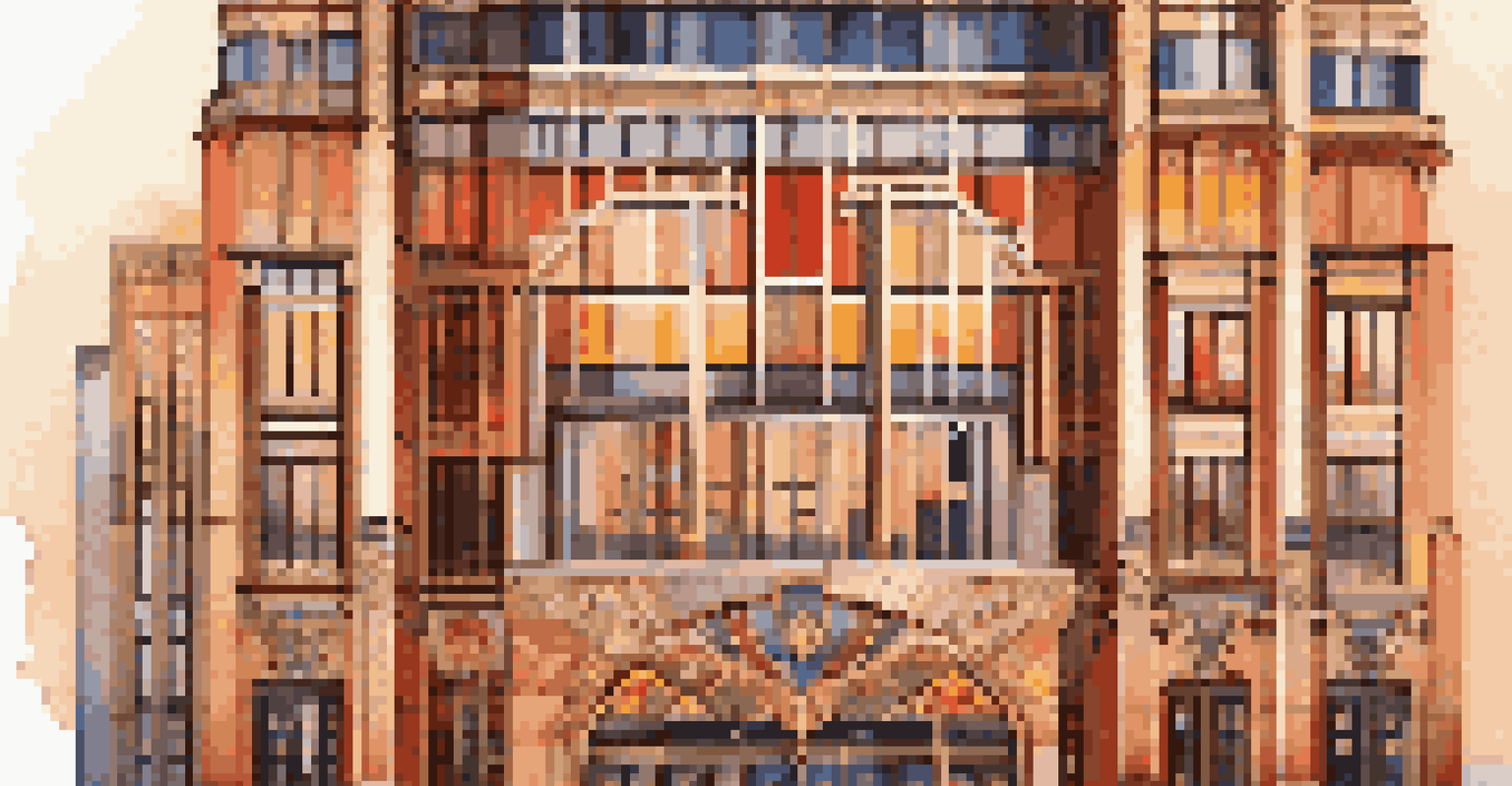An Art Deco skyscraper with bold geometric shapes and intricate decorations, illuminated by the warm tones of sunset.