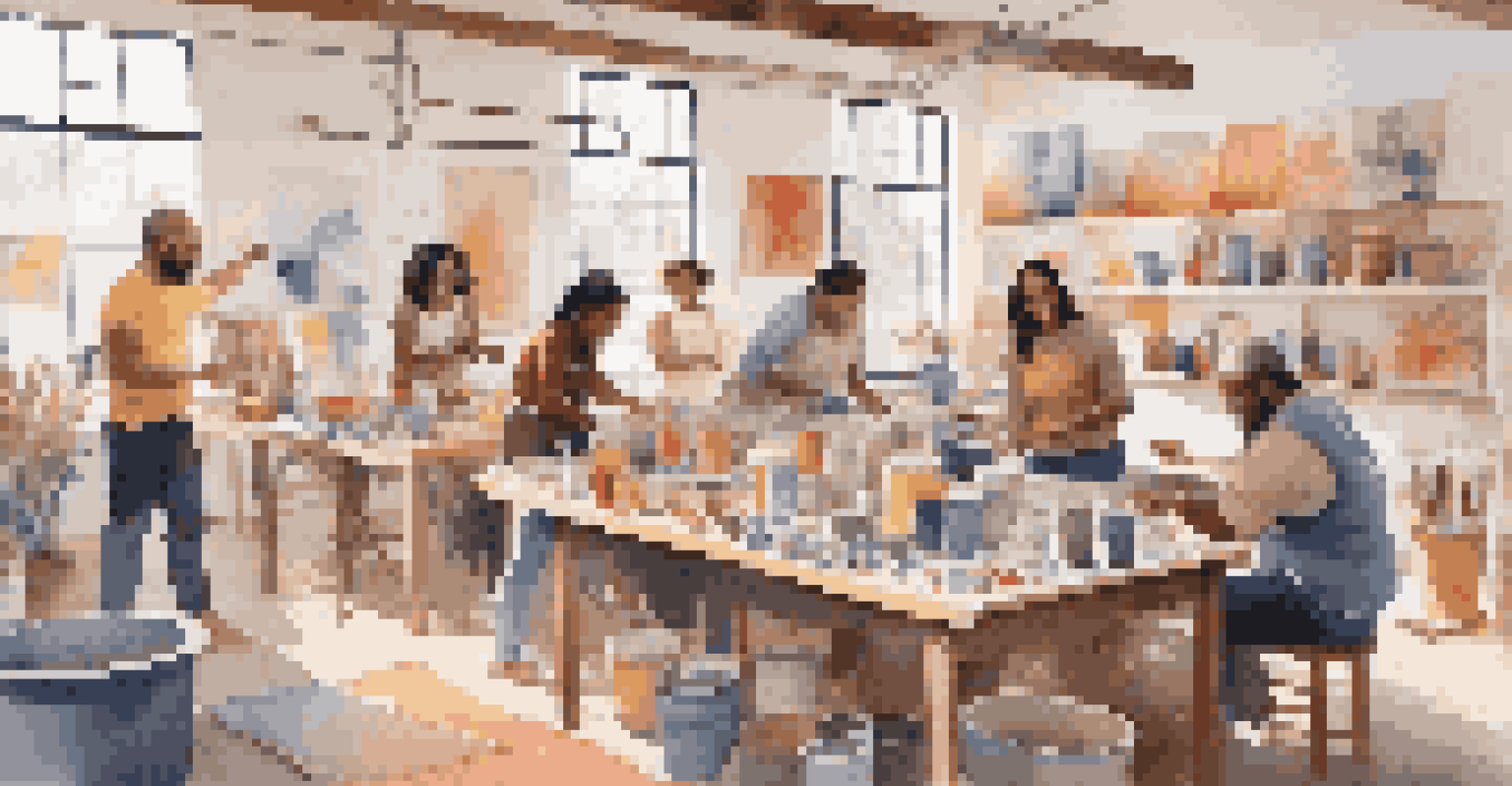 A vibrant art workshop with artists creating pottery and paintings, showcasing a lively and collaborative atmosphere.