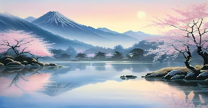 A tranquil Japanese landscape with cherry blossom trees, a calm pond, and misty mountains at dawn.