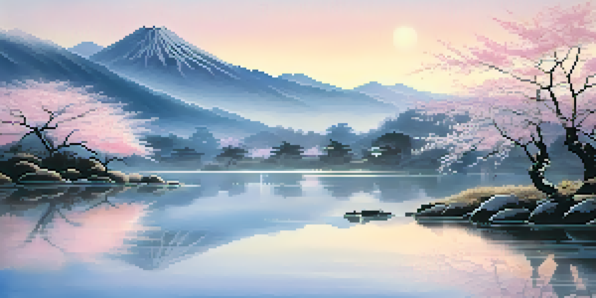 A tranquil Japanese landscape with cherry blossom trees, a calm pond, and misty mountains at dawn.