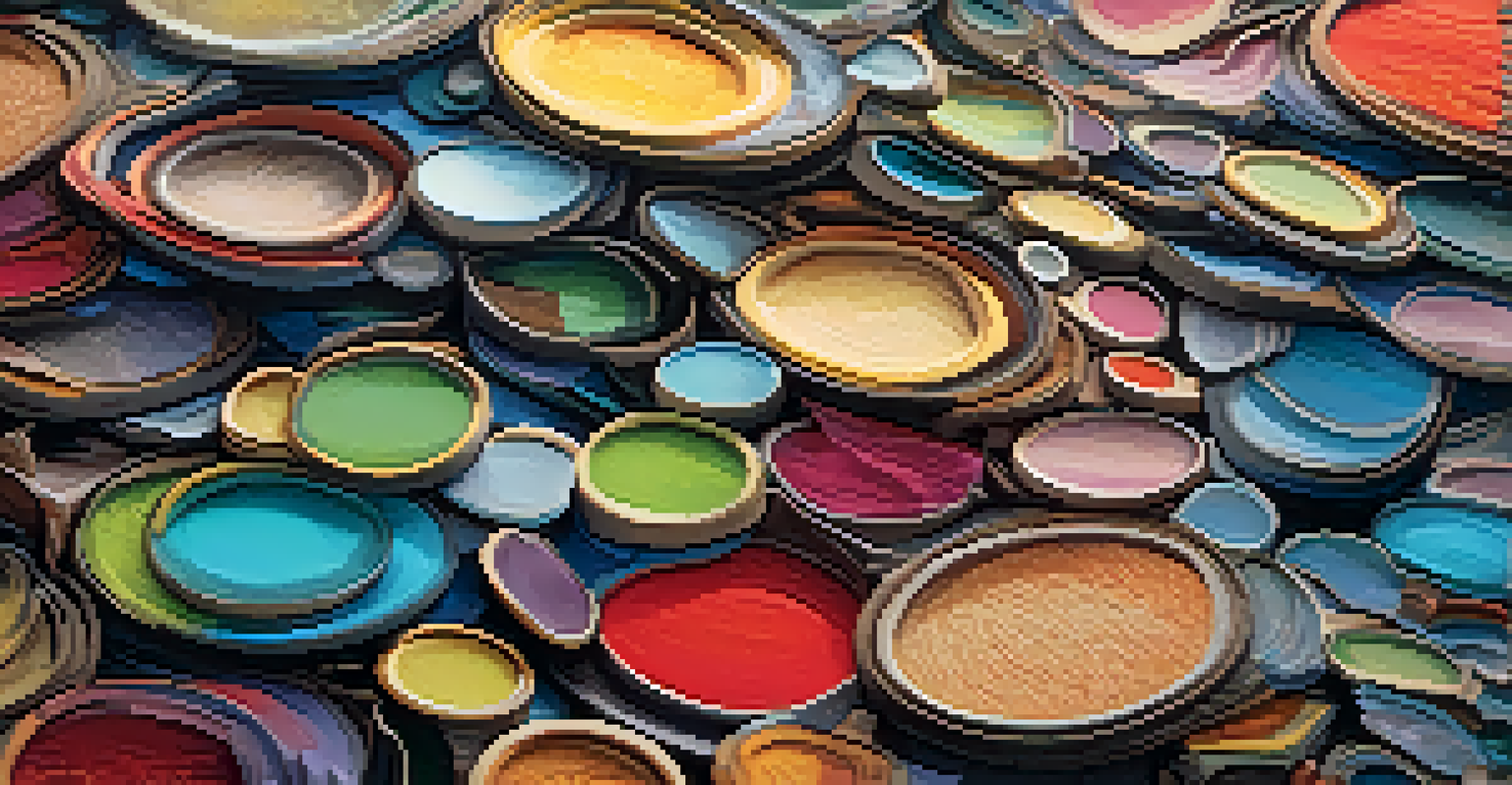 A close-up of a mixed-media artwork displaying vibrant colors and intricate textures made from paint, fabric, and digital elements.