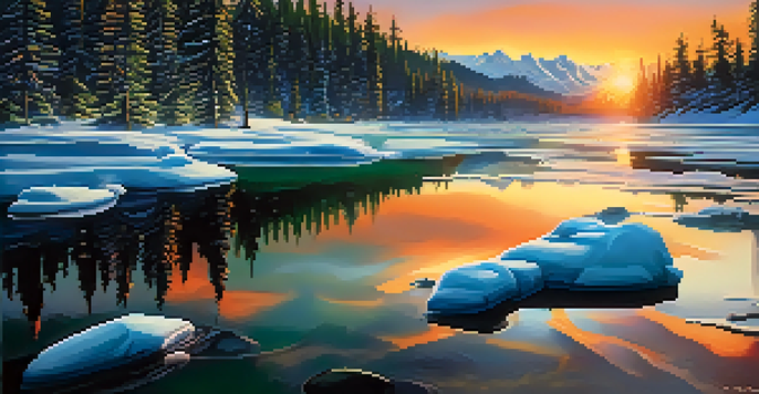 A colorful sunset over a melting glacier, with a green forest in the foreground, emphasizing the contrast between nature and climate change.