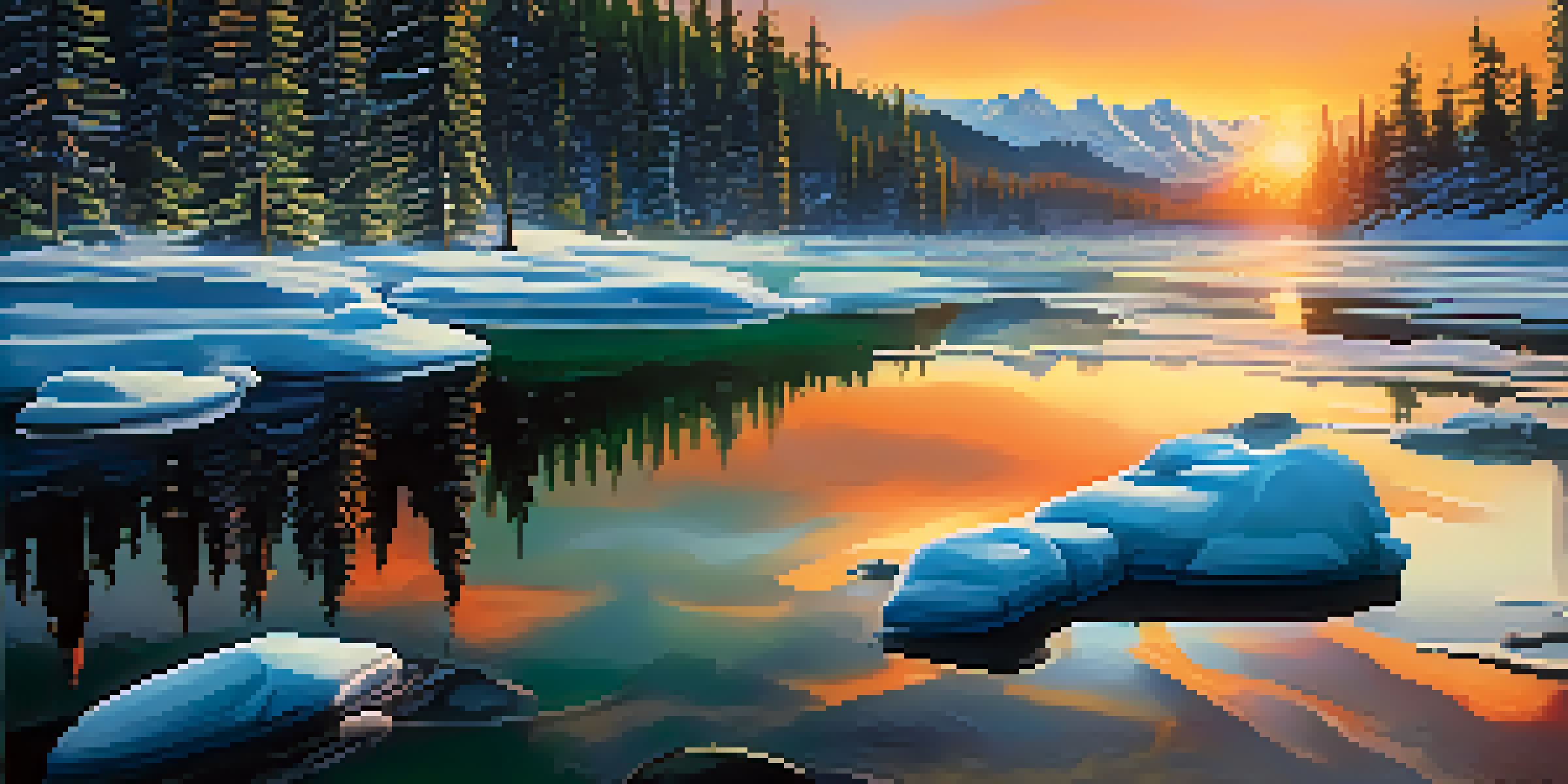 A colorful sunset over a melting glacier, with a green forest in the foreground, emphasizing the contrast between nature and climate change.