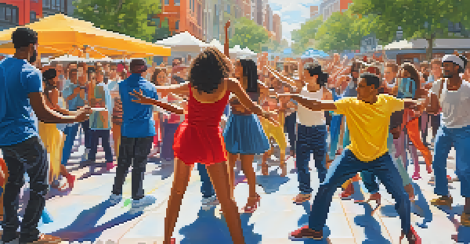 A lively performance art scene in an urban plaza, featuring diverse artists and an engaged audience, with bright colors and natural lighting.