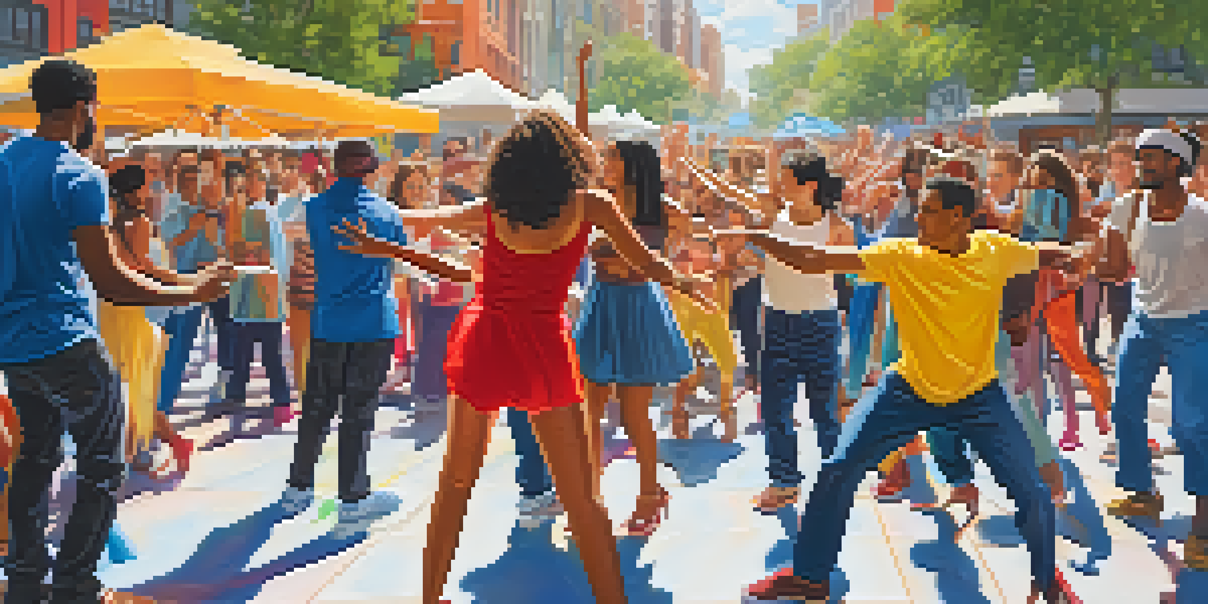 A lively performance art scene in an urban plaza, featuring diverse artists and an engaged audience, with bright colors and natural lighting.
