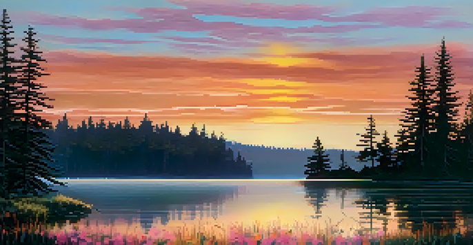 A vibrant sunset over a tranquil lake, with colorful reflections in the water and silhouettes of pine trees.
