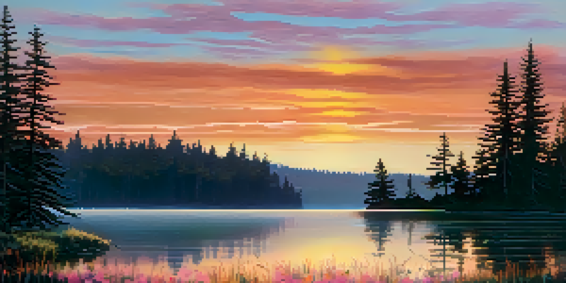 A vibrant sunset over a tranquil lake, with colorful reflections in the water and silhouettes of pine trees.