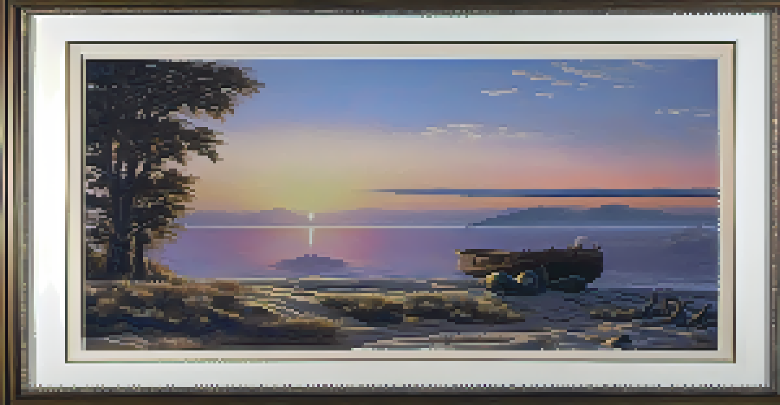 A framed painting with a detailed provenance document beside it, both illuminated in a softly lit gallery.