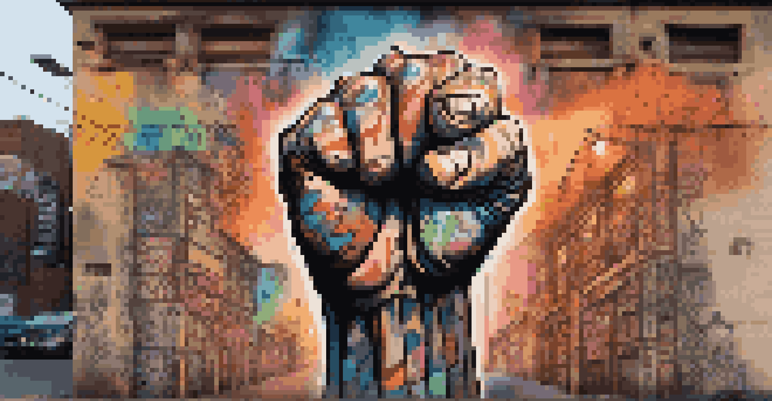 A large fist raised against a graffiti-covered urban wall, symbolizing justice and equality with colorful intricate designs.