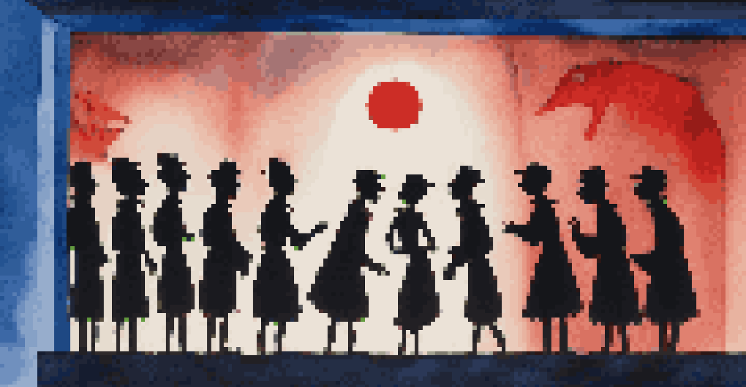 A shadow play with colorful lights casting puppets on a screen, depicting a story.