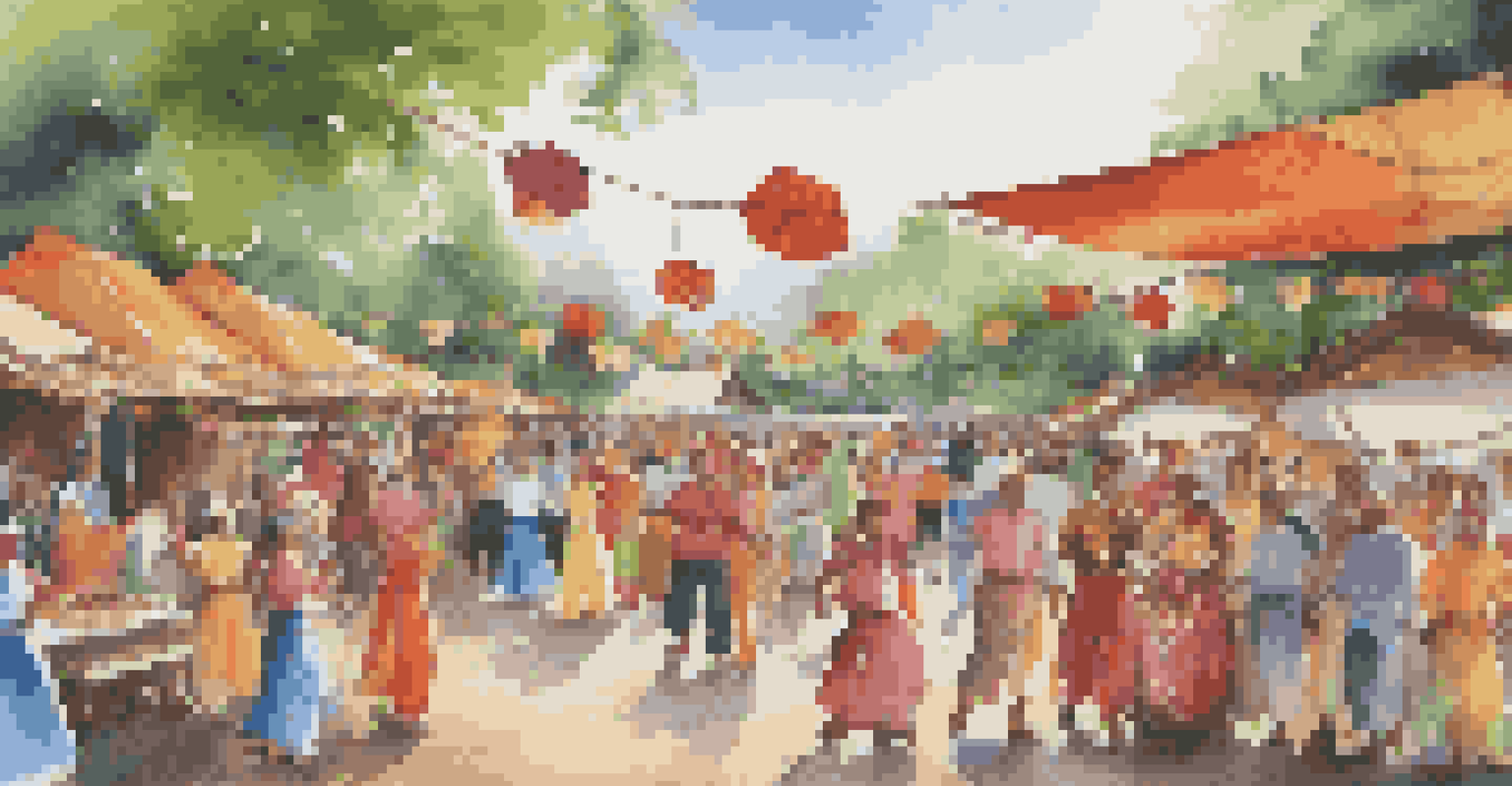 Outdoor cultural festival celebrating local heritage, featuring colorful traditional costumes, musicians, and stalls with handmade crafts in a lively atmosphere.