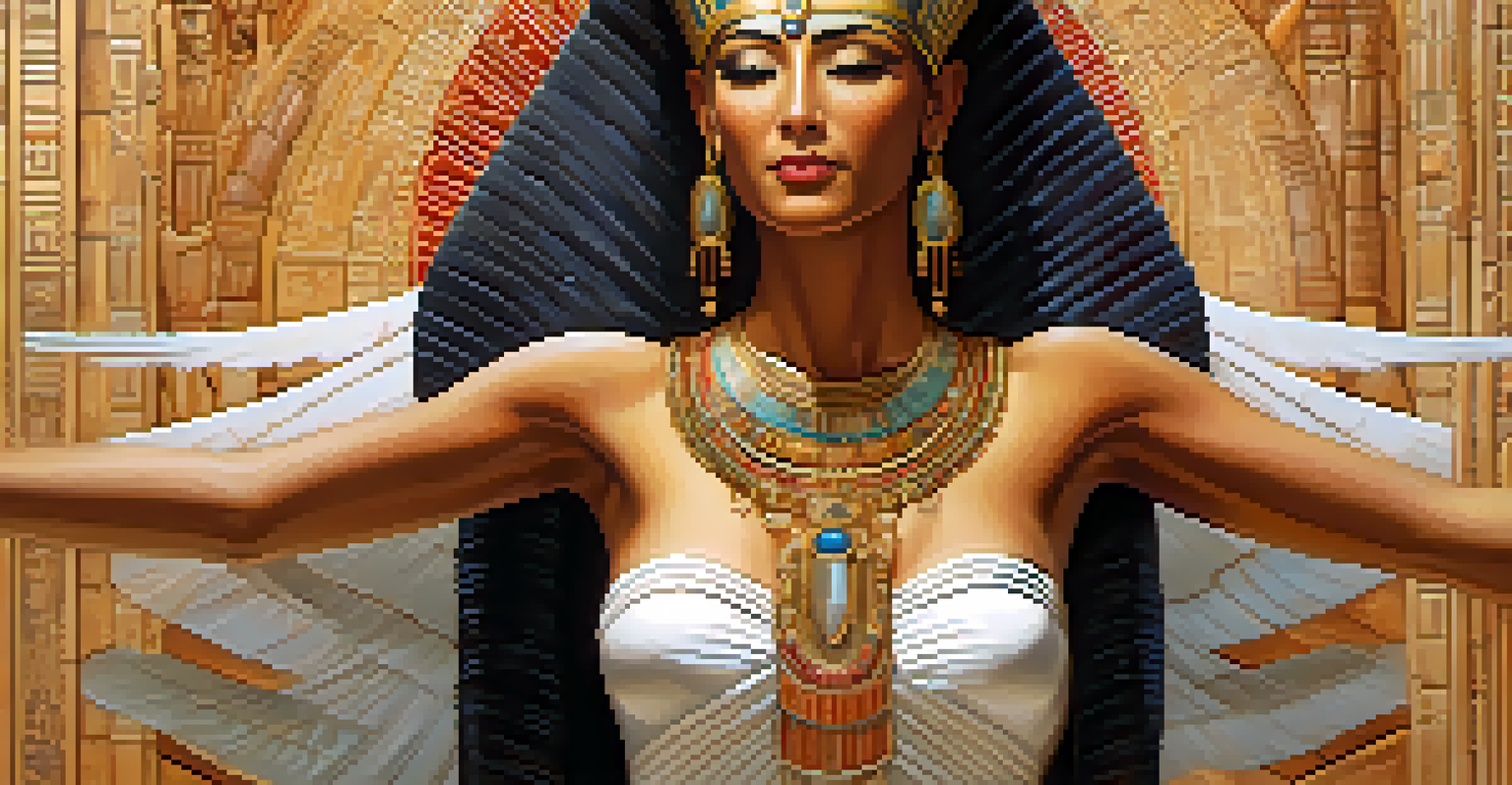 An Ancient Egyptian goddess depicted in a prayer pose, adorned in jewelry with a background of hieroglyphics and warm colors.