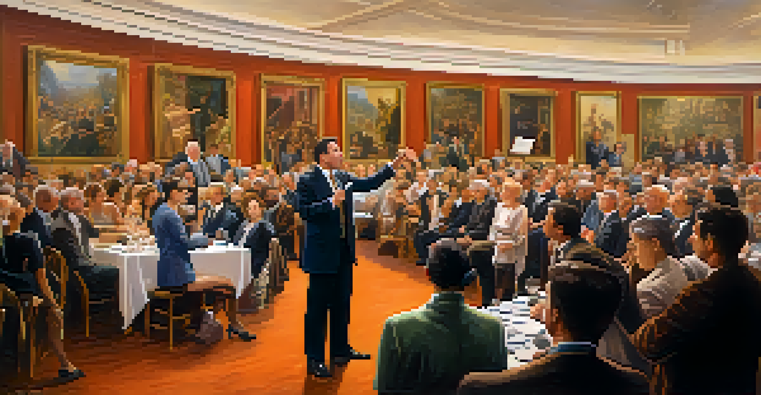 An exciting art auction with bidders raising paddles and an auctioneer at the front, showcasing a vibrant artwork.