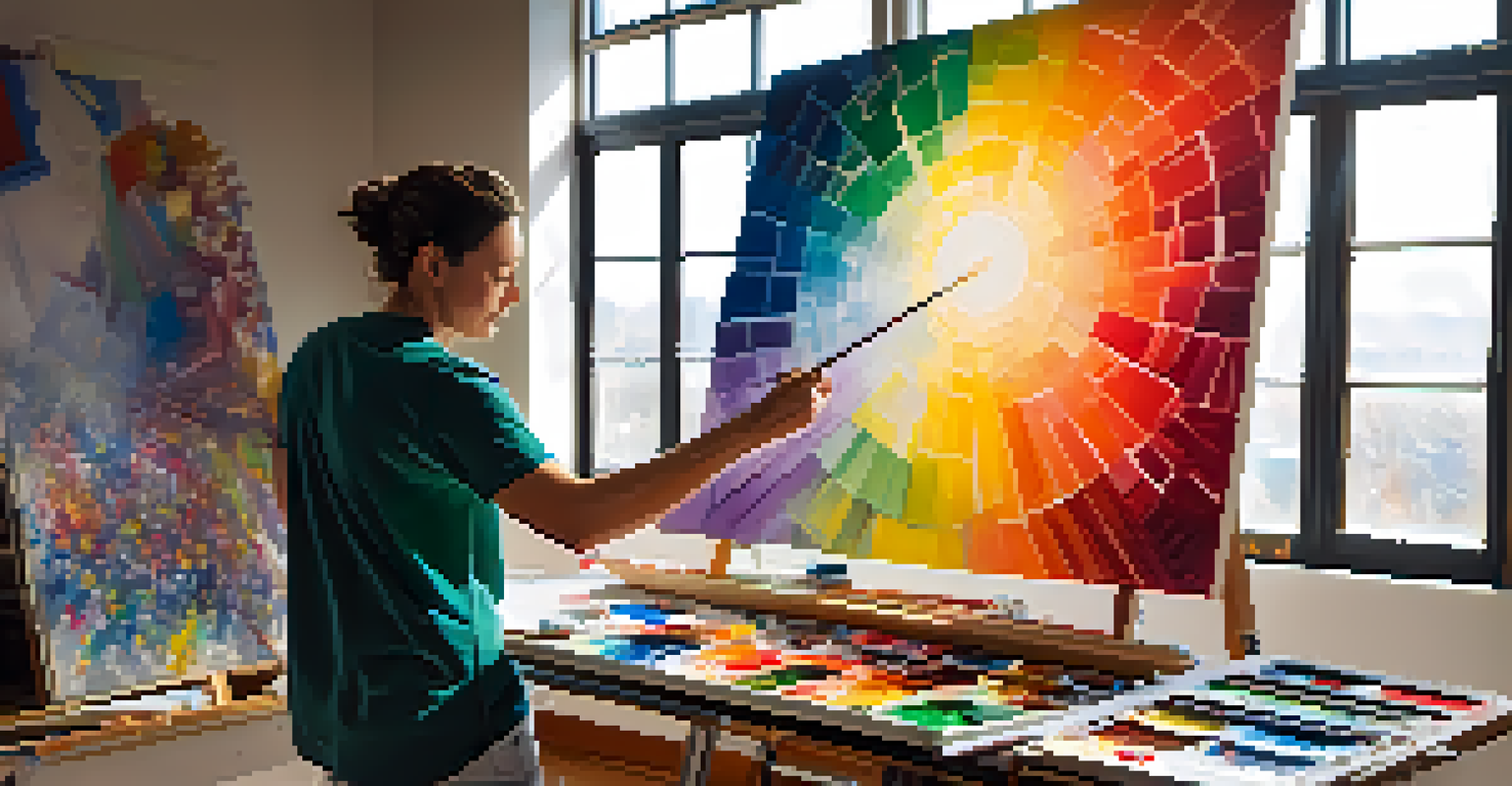 An artist in a colorful studio, painting on a large canvas with sunlight streaming in.