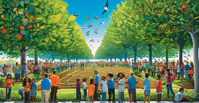 A colorful mural showing a diverse community planting trees together, symbolizing sustainability and environmental care.