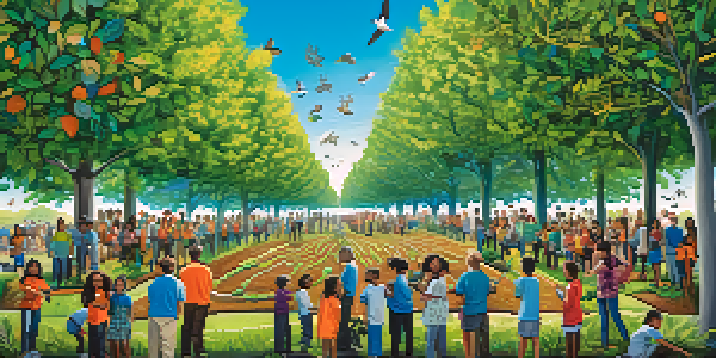 A colorful mural showing a diverse community planting trees together, symbolizing sustainability and environmental care.