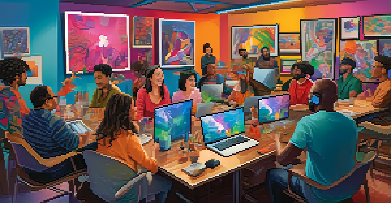 A digital illustration of a virtual meeting featuring disabled artists collaborating, showcasing their unique artistic styles and colorful backgrounds in a creative atmosphere.