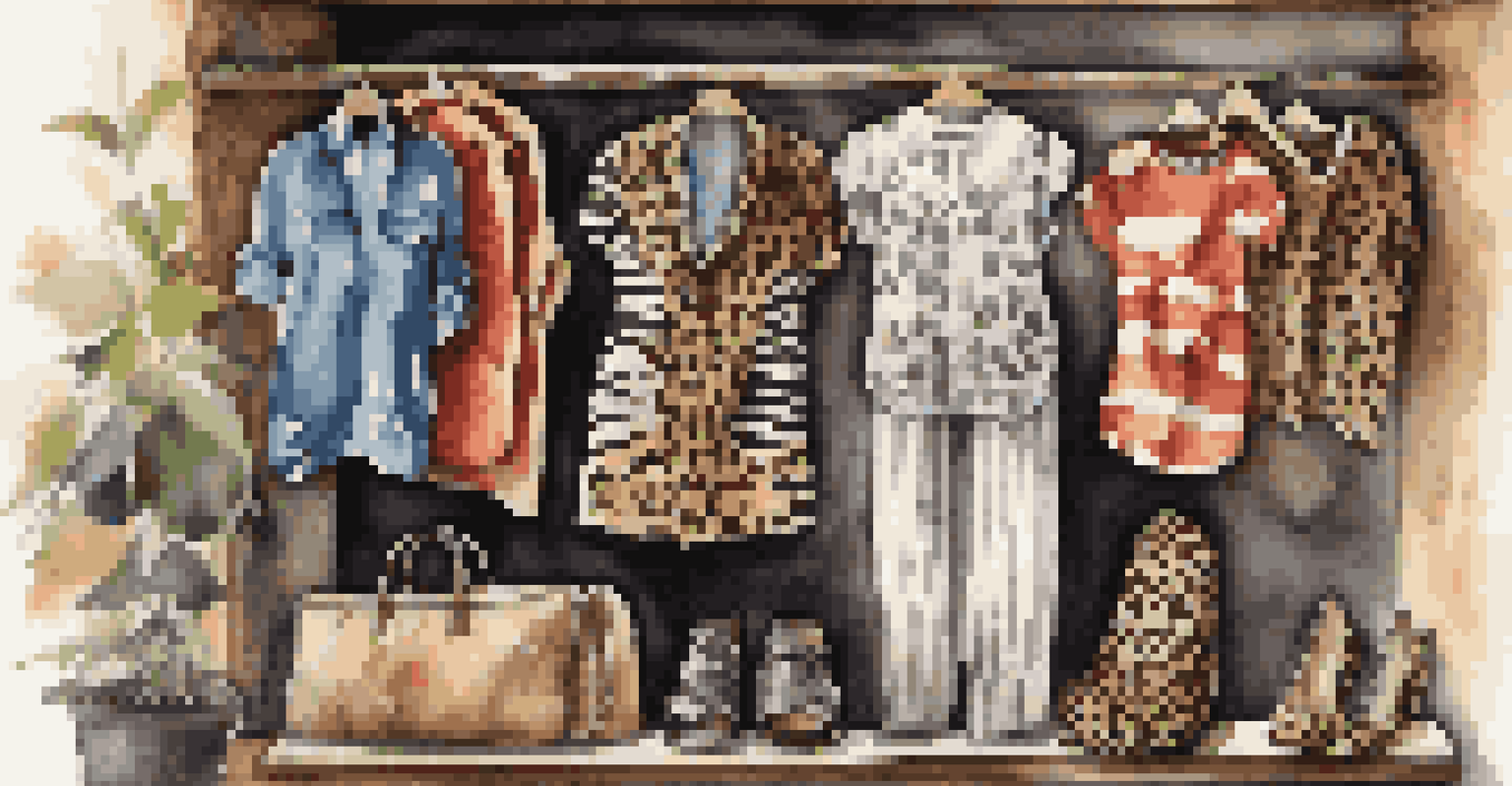 Clothing items with bold animal prints displayed on a wooden background, illuminated by soft natural light.