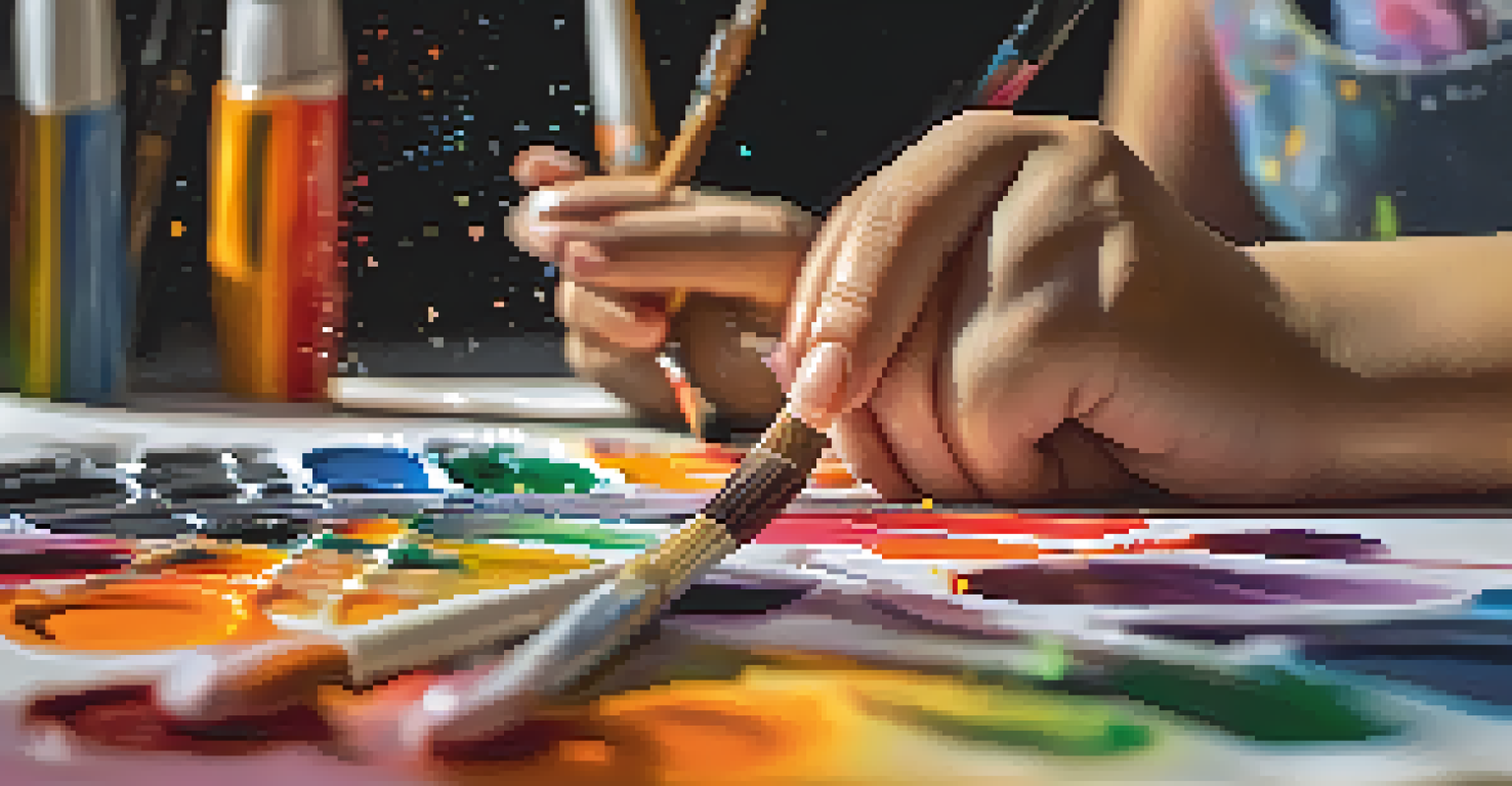 A close-up of a young artist's hands painting on a canvas, surrounded by vibrant colors and art supplies.