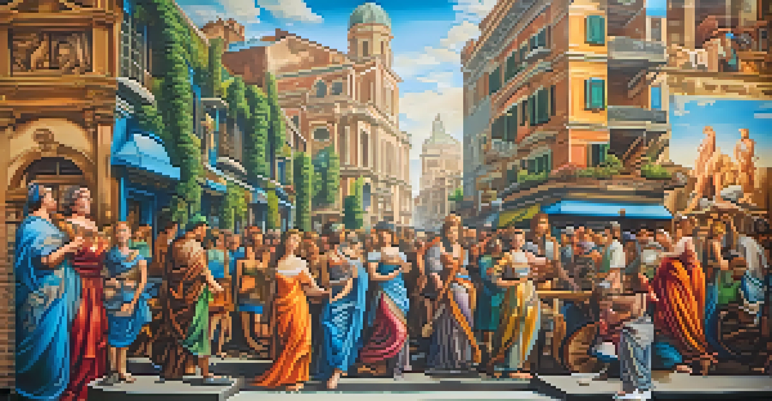 A colorful street art mural inspired by Renaissance themes, featuring classical figures merged with modern urban elements.