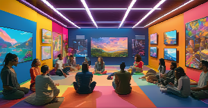A group of diverse artists collaborating in a virtual art space, with colorful screens and warm lighting.