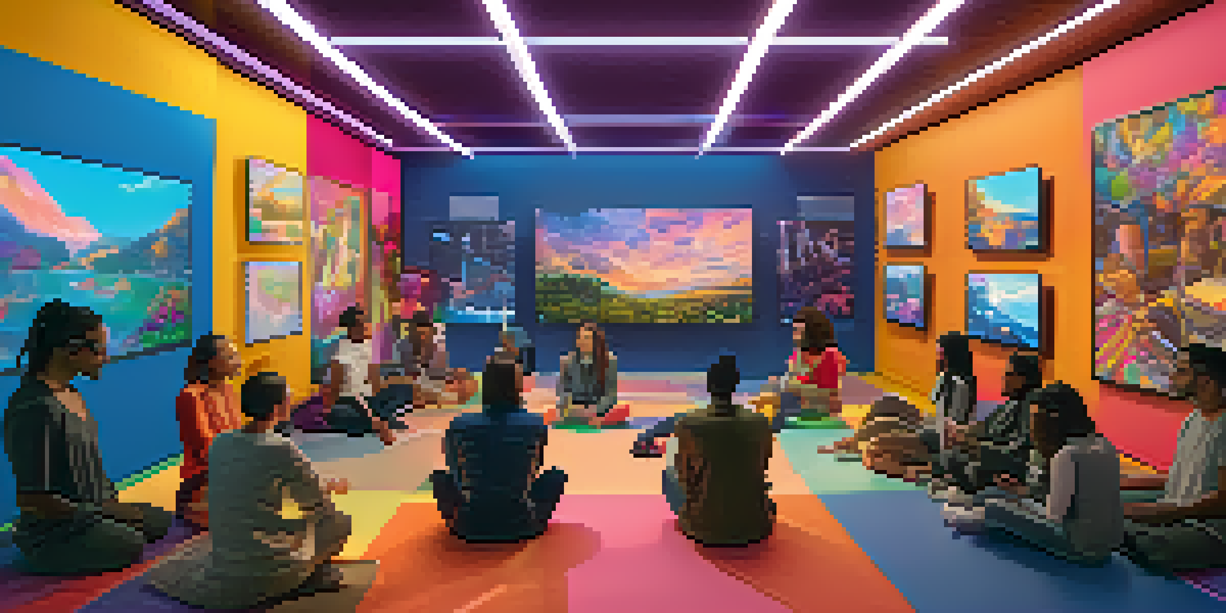 A group of diverse artists collaborating in a virtual art space, with colorful screens and warm lighting.