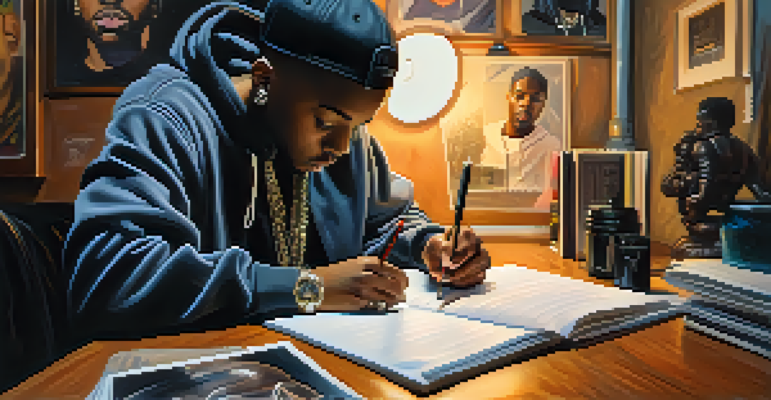 A young hip-hop artist writing lyrics in a cozy room, surrounded by posters, with soft light illuminating their focused expression.