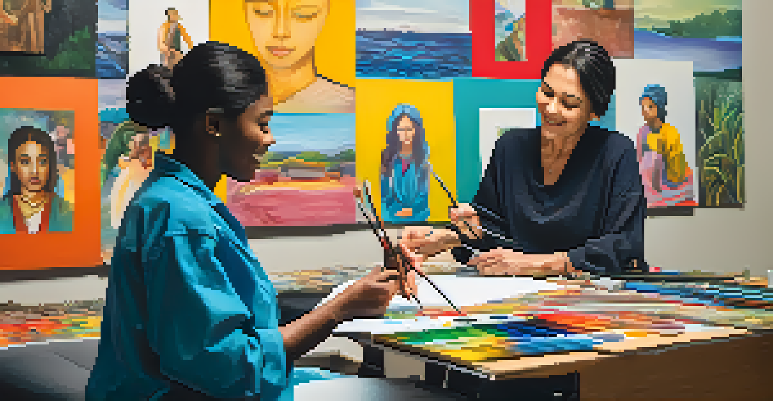 An art therapy session with a therapist and a patient creating a life journey collage, highlighting creativity and emotional healing.