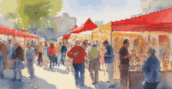An outdoor art fair filled with colorful booths and diverse visitors appreciating various artworks.